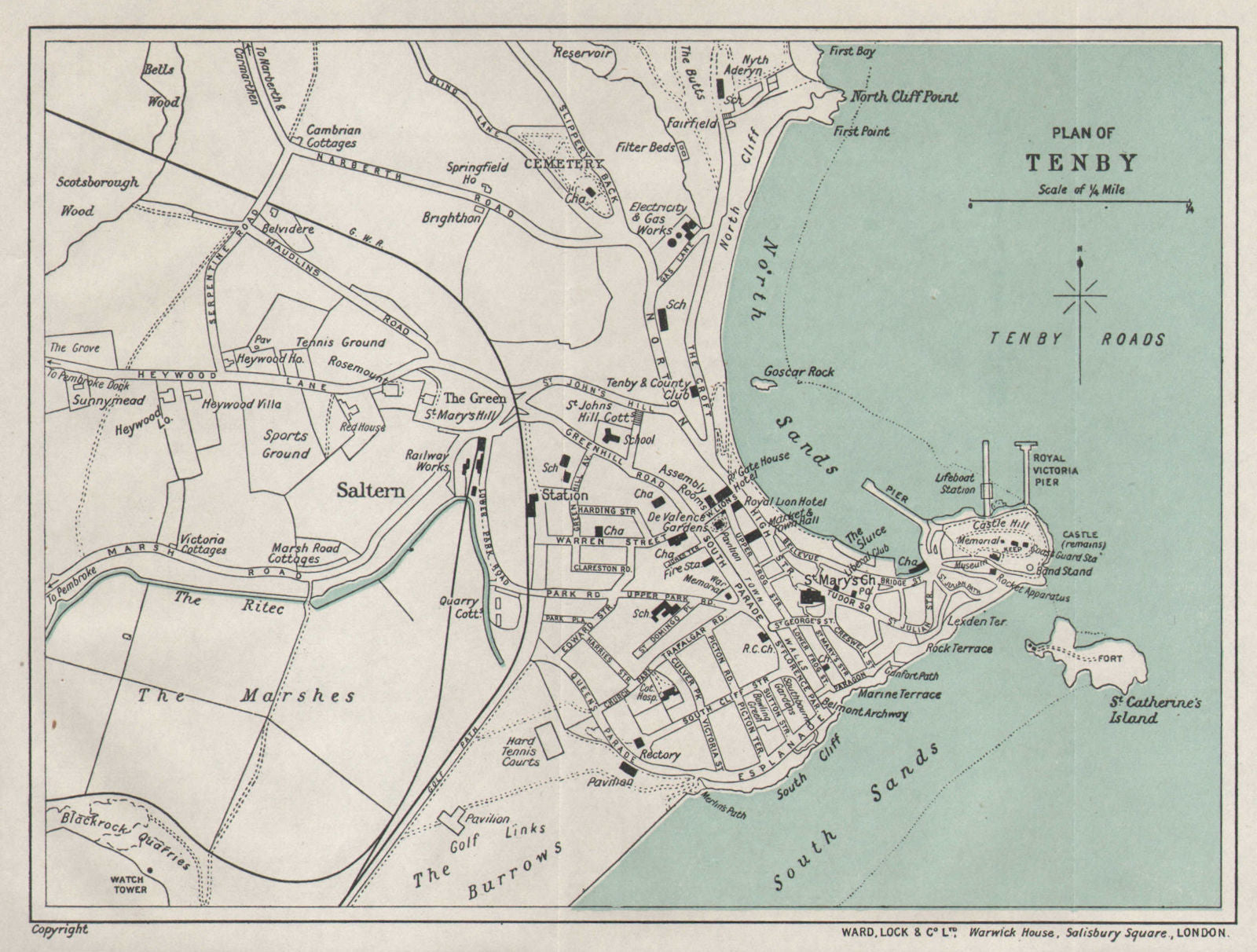 TENBY vintage tourist town city resort plan. Wales. WARD LOCK 1936 old map